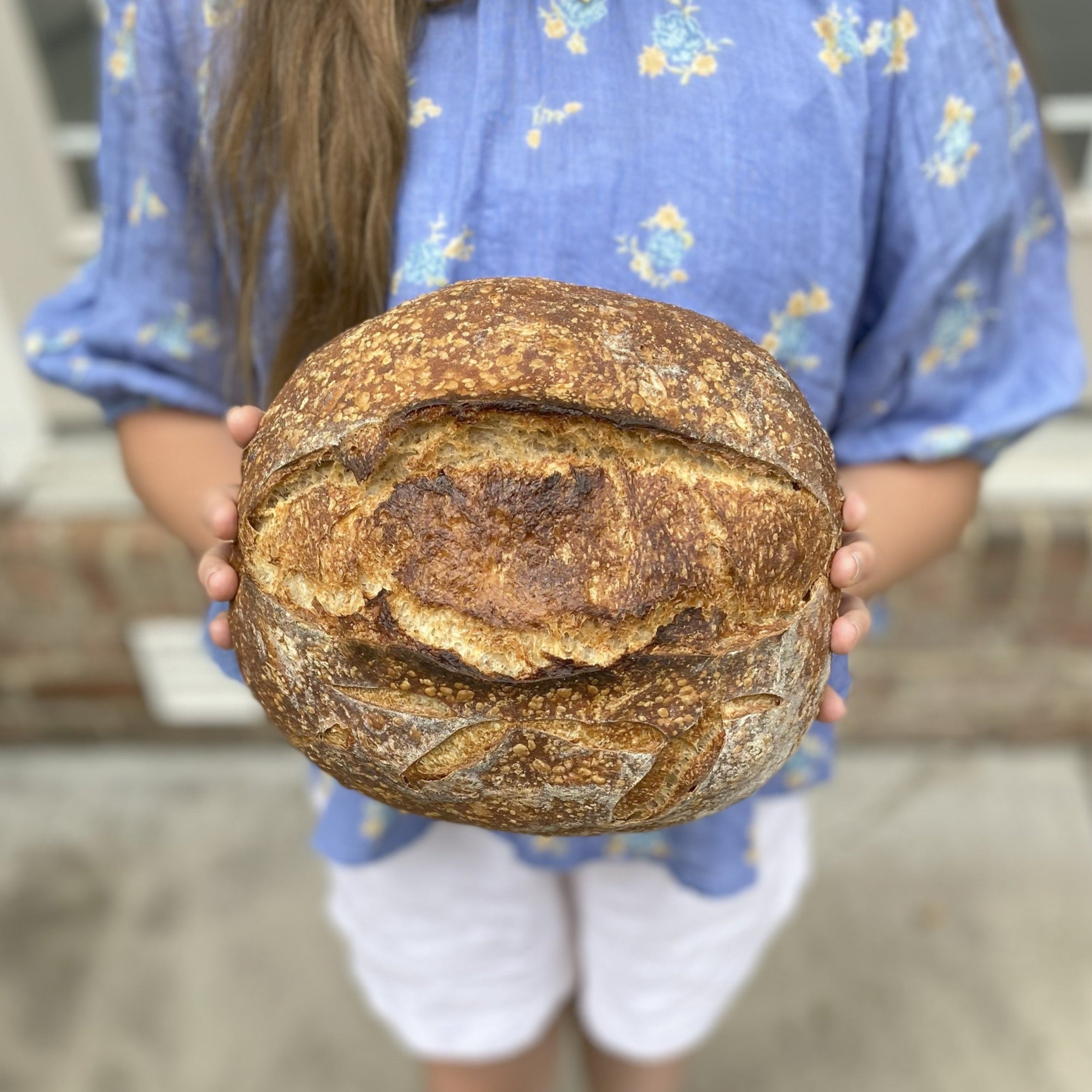 Person holding a large loaf of bread outdoors